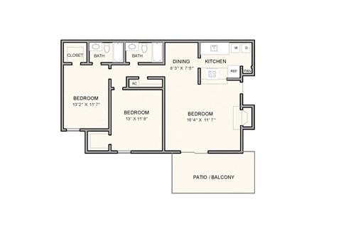 Floor plan for 2 beds, 2 baths, 1050 sqft